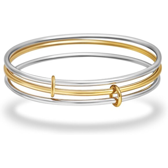 Stackable 18K Gold Plated Silver & Gold Bangle Bracelets for Women, 7.5 Inch, St - Picture 1 of 6